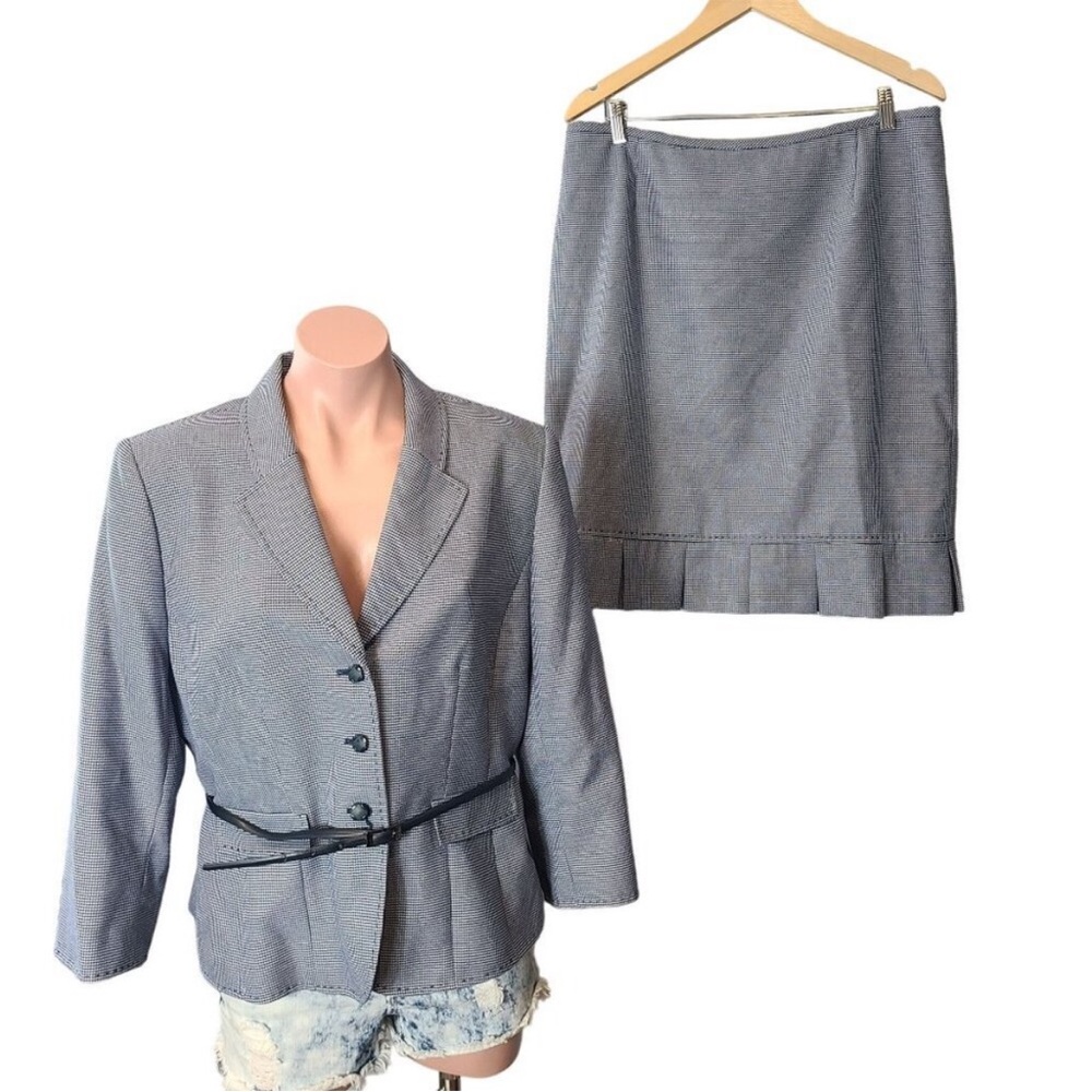 2-PC TAHARI Blue Houndstooth Blazer & Pencil Skirt Suit